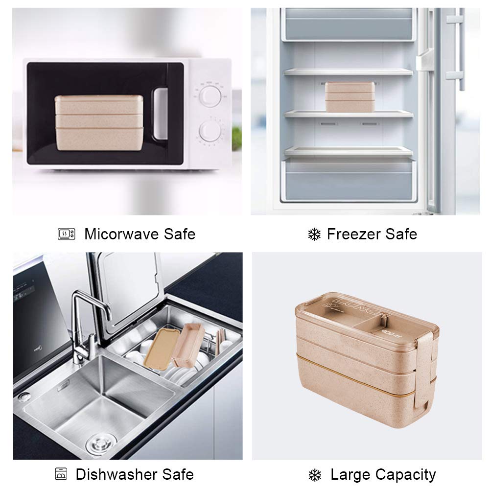 Buy now Iteryn Bento Adults Lunch Box, Stackable Bento Box, 3-In-1 Compartment - Wheat Straw, Leakproof Bento Lunch Box Meal Prep Containers at indiglob india