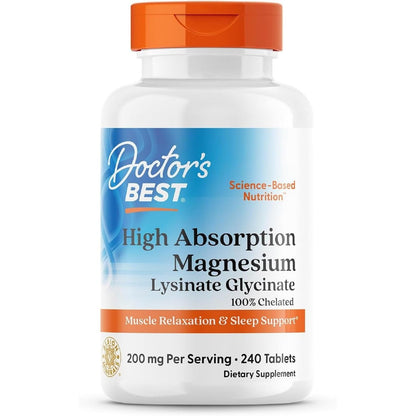 Doctor’s Best High Absorption Magnesium Glycinate Lysinate Supplement - 100% Chelated for Maximum Absorption - Magnesium for Sleep and Muscle Relaxation - 200 Mg Per Serving - 240 Tablets