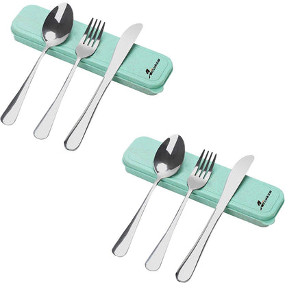 4 Piece Travel Utensils Camping utensils Travel Silverware Set with Case Fork and Spoon Set Office Stainless Steel Reusable Trip Cutlery Set Easy to journey Lightweight Lunch Box for Men