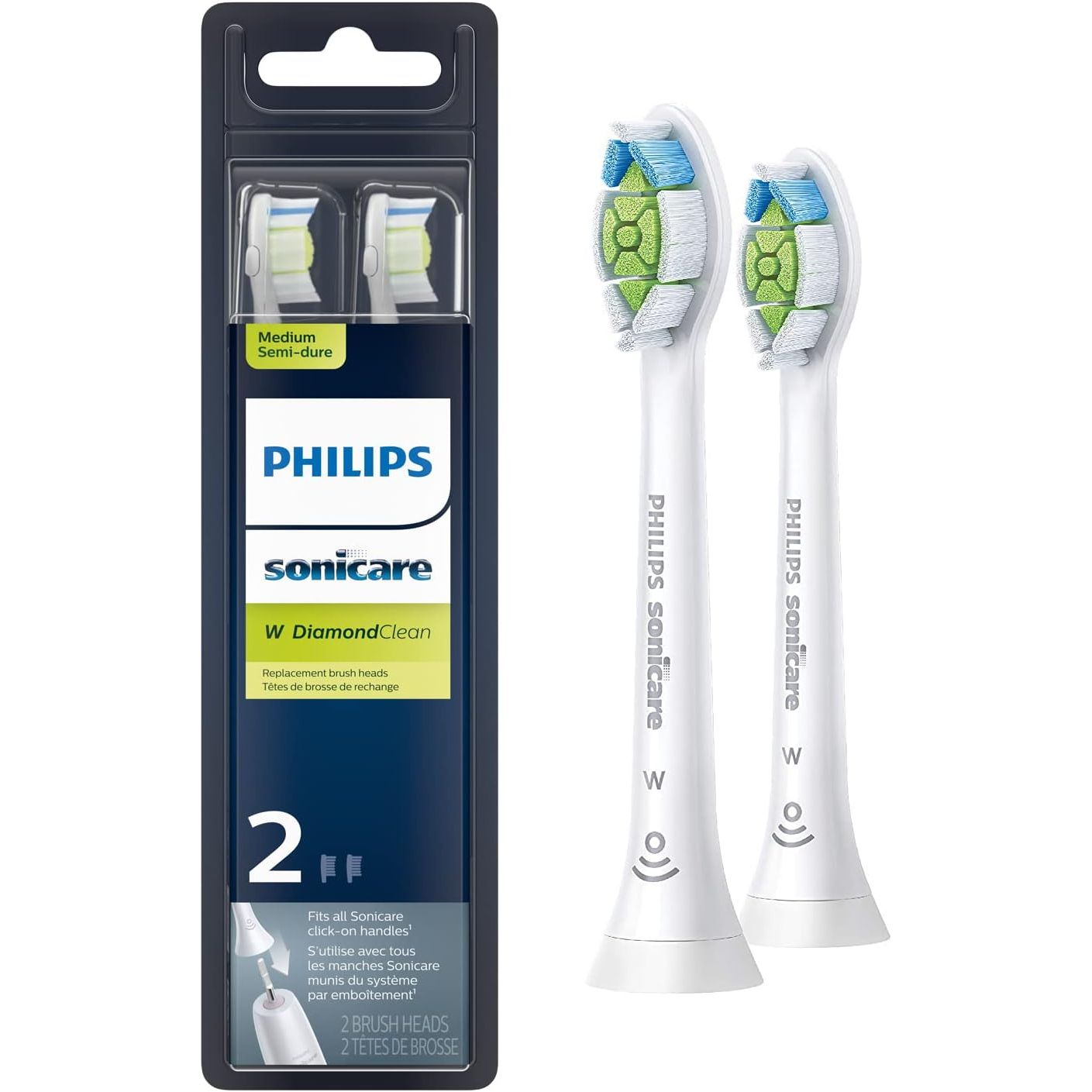 Philips Sonicare Genuine W DiamondClean Replacement Toothbrush Heads, 2 Brush Heads, White, HX6062/65