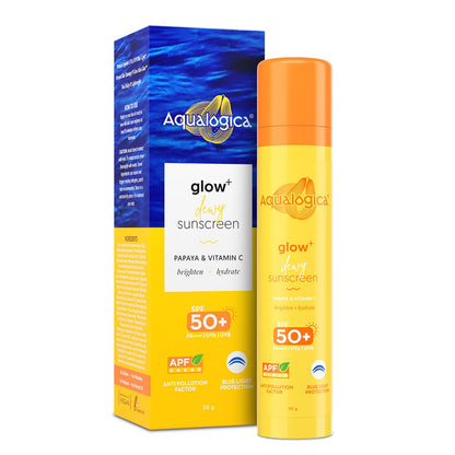 Aqualogica Glow+ Dewy Face Sunscreen with SPF 50+ & PA+++ | Blue Light Protection & No White Cast | Helps Give Glowing Skin with Papaya & Vitamin C | 1.76 Oz/50g