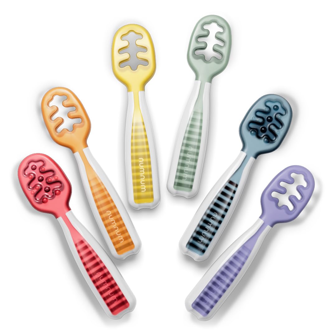 Buy now NumNum Baby Spoons Set, Baby Essentials Pre-Spoon GOOtensils for 6+ Months, First Stage Self-Feeding Spoons for Baby Led Weaning (BLW), Silicone Toddler Utensils, BPA-Free, 2 Pack Gray/Green 02 - Rainbow 6 Spoons at indiglob india