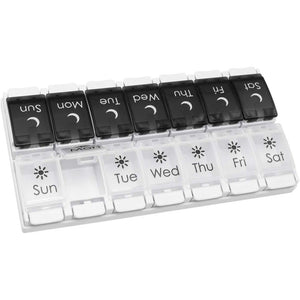 EZY DOSE Push Button (7-Day) Pill Case, Medicine Planner, Vitamin Organizer, 2 Times a Day AM/PM, Removable Trays, Large Compartments, Arthritis Friendly, Spring Open Black and White Lids, BPA Free