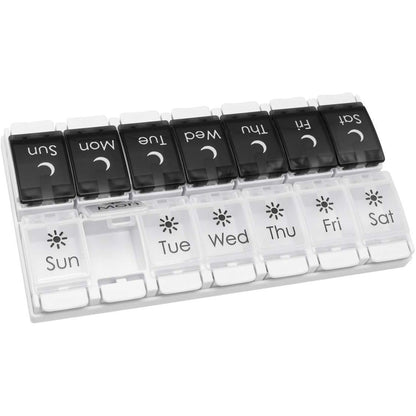 EZY DOSE Push Button (7-Day) Pill Case, Medicine Planner, Vitamin Organizer, 2 Times a Day AM/PM, Removable Trays, Large Compartments, Arthritis Friendly, Spring Open Black and White Lids, BPA Free