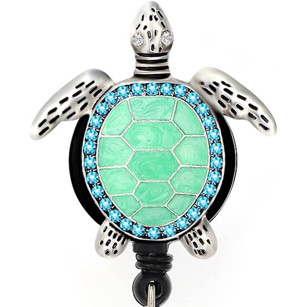 Aquamarine Enamel Sea Turtle Retractable ID Badge Reel,Name Card Holder for Nurse - My Store