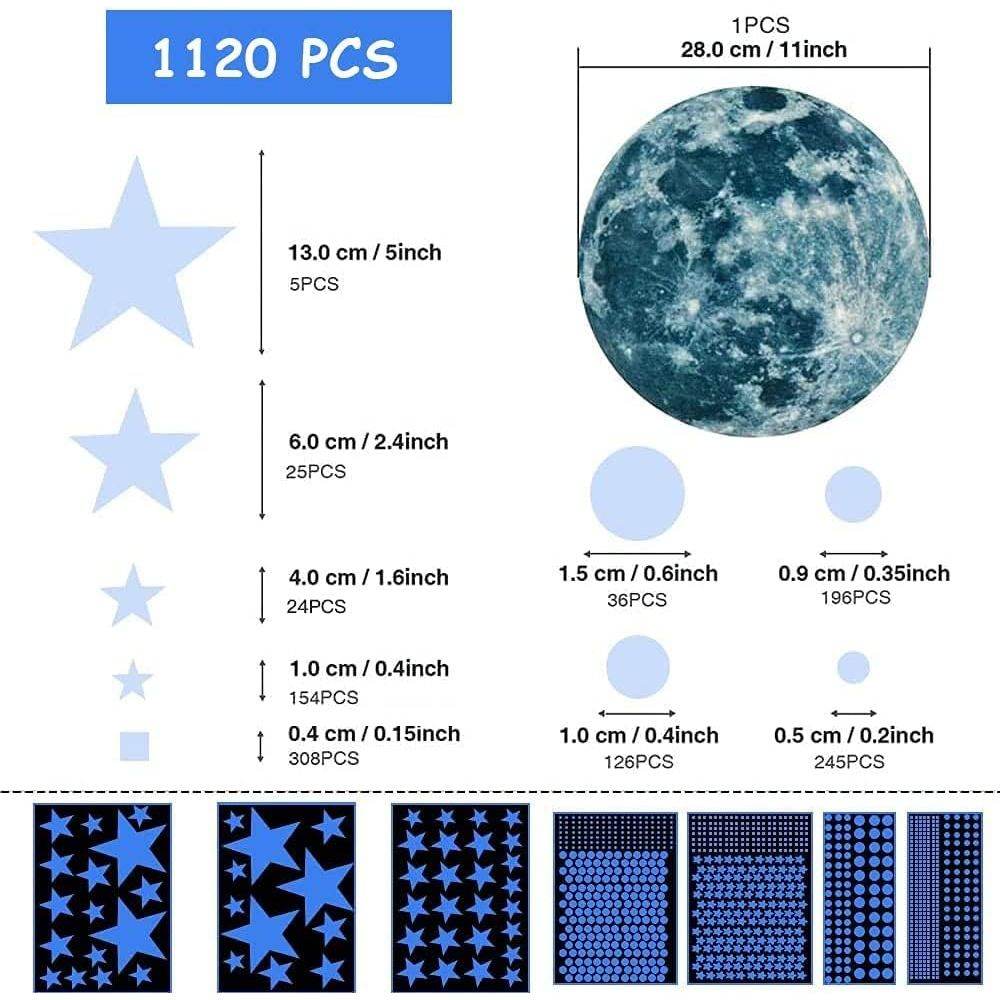 1120 Pcs Glow in The Dark Stars for Ceiling, Glowing Space and Moon Decals Universe Stickers for Kids Excellent Gifts for Boys Girls Nursery Bedroom Living Room Birthday Gift Room Decor - My Store