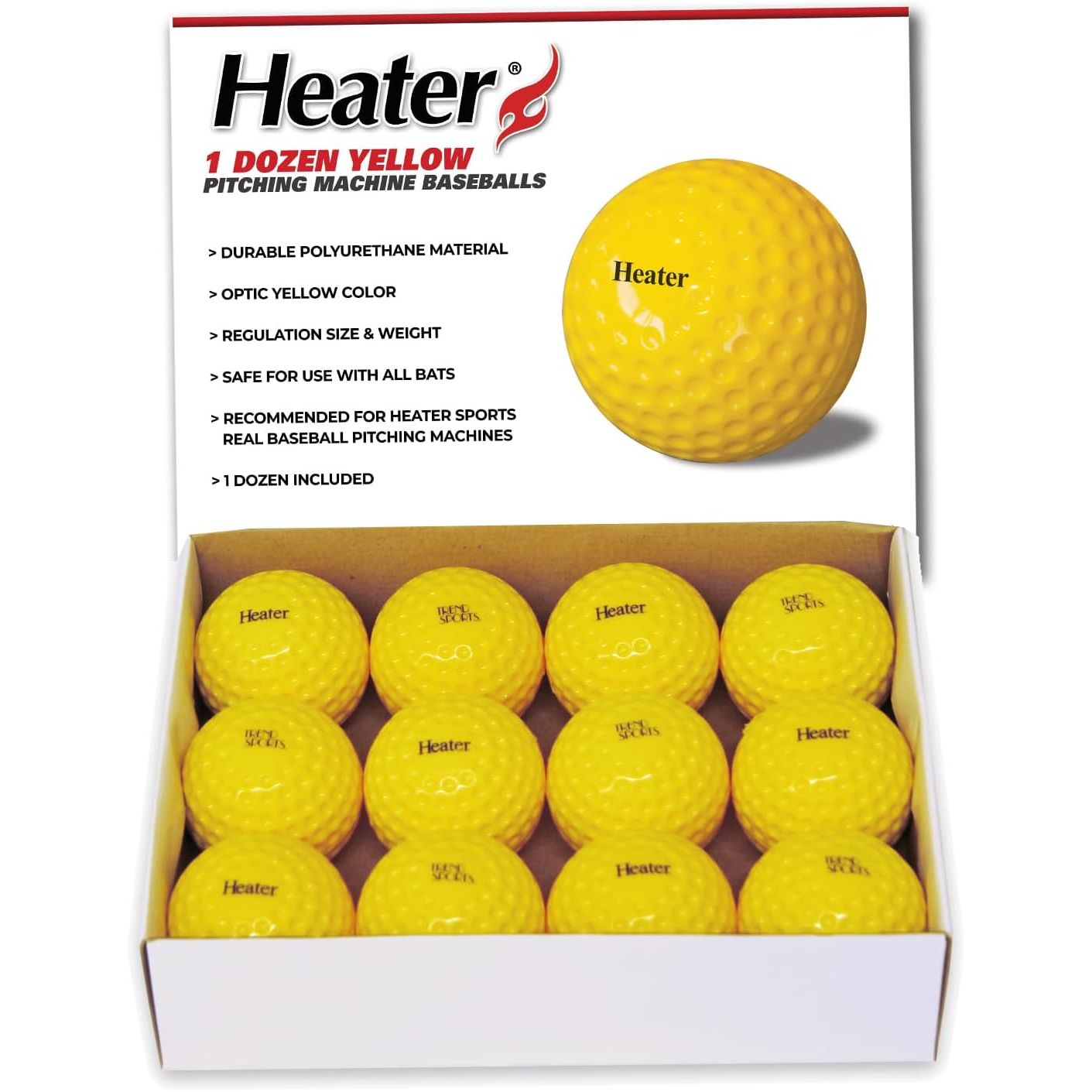 Buy now Heater Yellow Dimpled Baseballs, 1 Dozen, Polyurethane Material, Optic Yellow Color, for Use in Real Baseball Pitching Machines at indiglob india