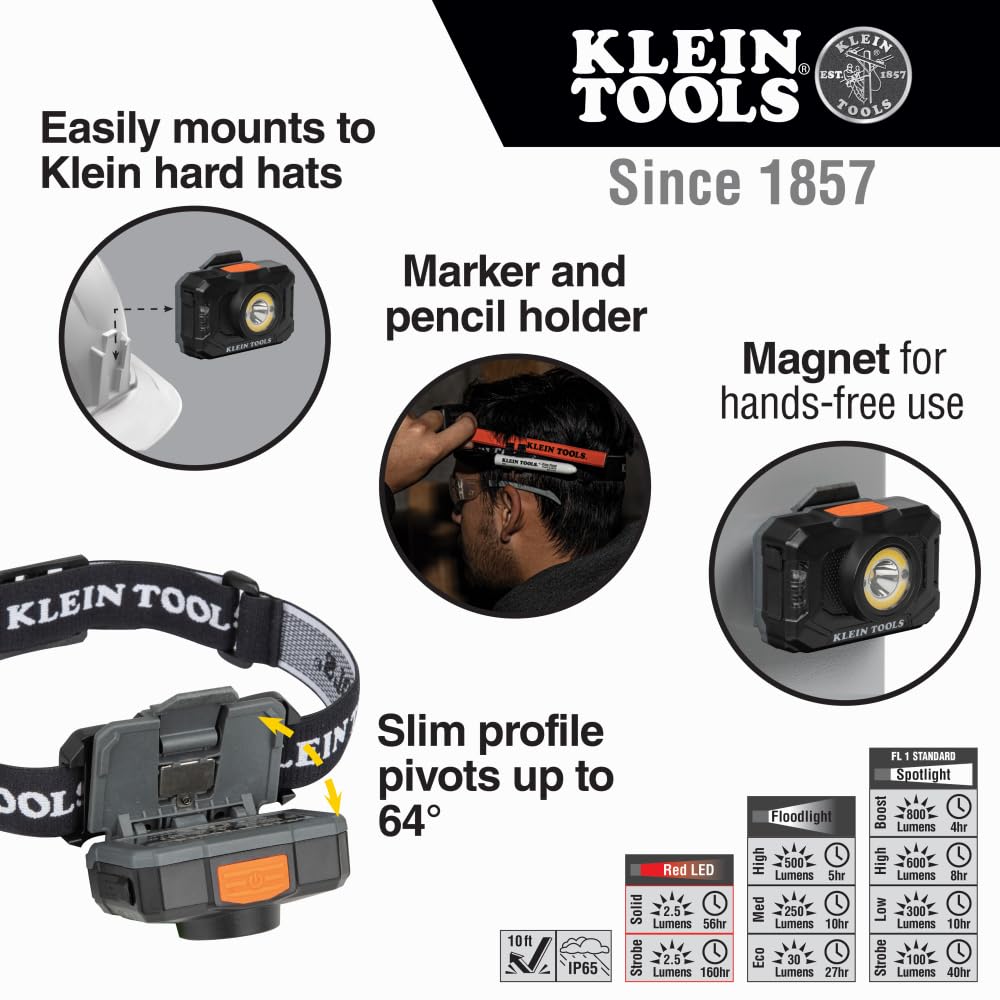Buy now Klein Tools 56414 Rechargeable 2-Color LED Headlamp, Fabric Strap, Spotlight, Floodlight, Red LED, 800 Lumens, USB Cable, Camping, Running at indiglob india