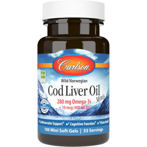 Carlson - Cod Liver Oil Minis, 280 mg Omega-3s + Vitamins A & D3, Heart Support & Cognitive Function, Vision Health, 100 Mini Softgels