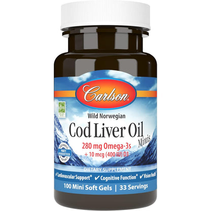 Carlson - Cod Liver Oil Minis, 280 mg Omega-3s + Vitamins A & D3, Heart Support & Cognitive Function, Vision Health, 100 Mini Softgels