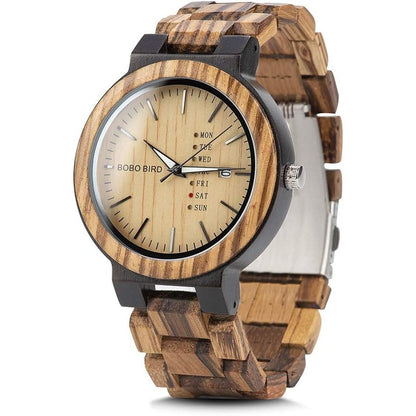 BOBO BIRD Week and Date Multi-Functional Display Men's Zebra Wooden Quartz Watch Lightweight Handmade Casual Wristwatches with Gift Box