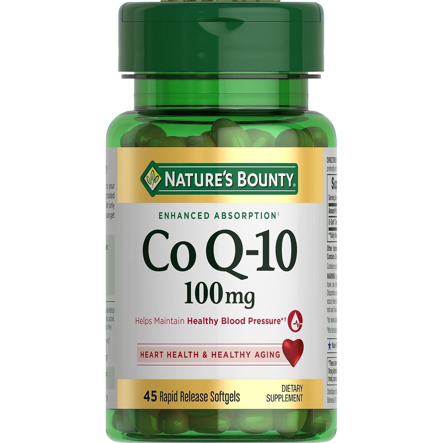 Nature's Bounty CoQ10 100mg for Heart Health Support, Non-GMO Q-Sorb Coenzyme Q-10 Antioxidant Support and Cardiovascular Wellness, Dietary Supplement, Rapid Release Softgels, 45 ct