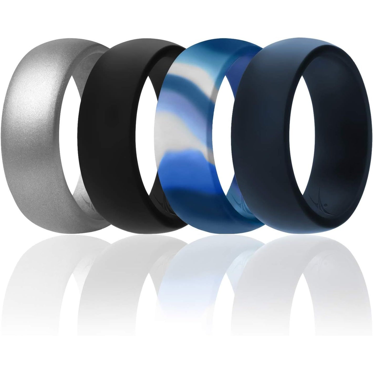 ROQ Silicone Rubber Wedding Ring for Men, Comfort Fit, Breathable Rubber Engagement Band, Men's Wedding Band, 8mm Wide 2mm Thick, Dome Solid, 4 Pack, Arctic Camo, Blue, Black, Silver, Size 7