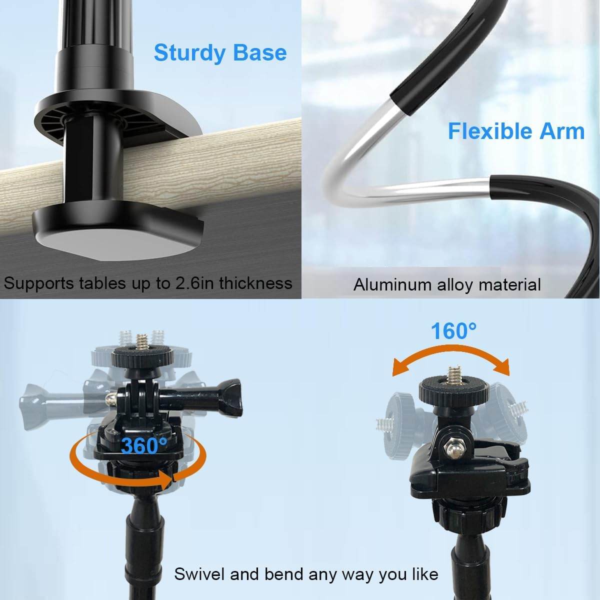 30 Inch Webcam Stand Camera Mount, Upgraded Thick Base Flexible Gooseneck Camera Stand Desk Webcam Mount Clamp for Logitech Webcams C930e C930 C920 C922x C922 Brio 4K C925e C615, Gopro Hero 8 7 6 5 4 - My Store