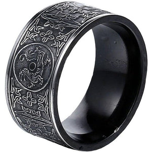 Men's Stainless Steel Chinese Ancient 4 Guardian Beasts Ring Dragon, White Tiger, Suzaku, Basalt Carved