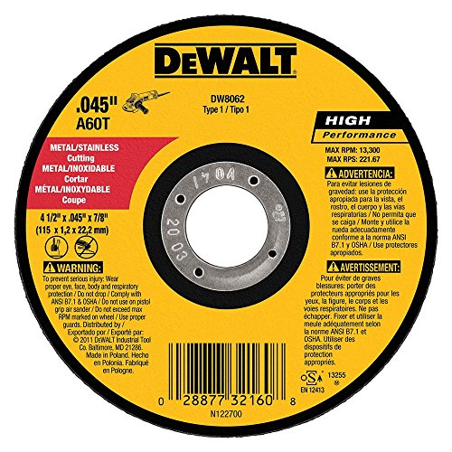Buy now DeWalt DW8062 4-1/2"x.045"x7/8" Metal Angle Grinder Thin Cutoff Wheel, 10 Pack at indiglob india