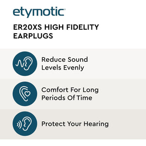 Etymotic ER20XS ETY Earplugs Set - High-Fidelity Hearing Protection - Up to 20 dB Sound Reduction - Reusable - Includes Large Clear Eartips, Foam Eartips, Neck Cord & Case
