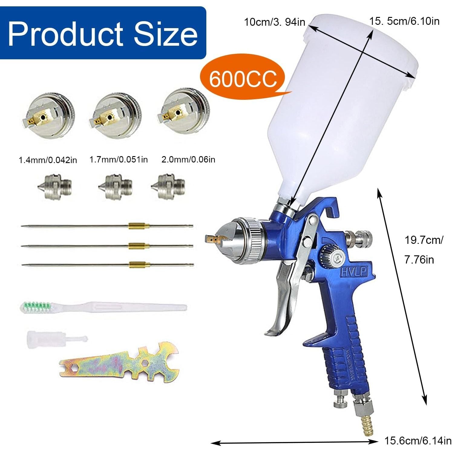 Buy now HVLP Spray Gun with Replaceable 1.4mm 1.7mm 2.0mm Nozzles Needle Cap Automotive Air Paint Sprayer Gun Kit with 600cc Capacity Cup for Car Primer,Furniture Surface Spraying,Wall Painting,Base Coatings at indiglob india