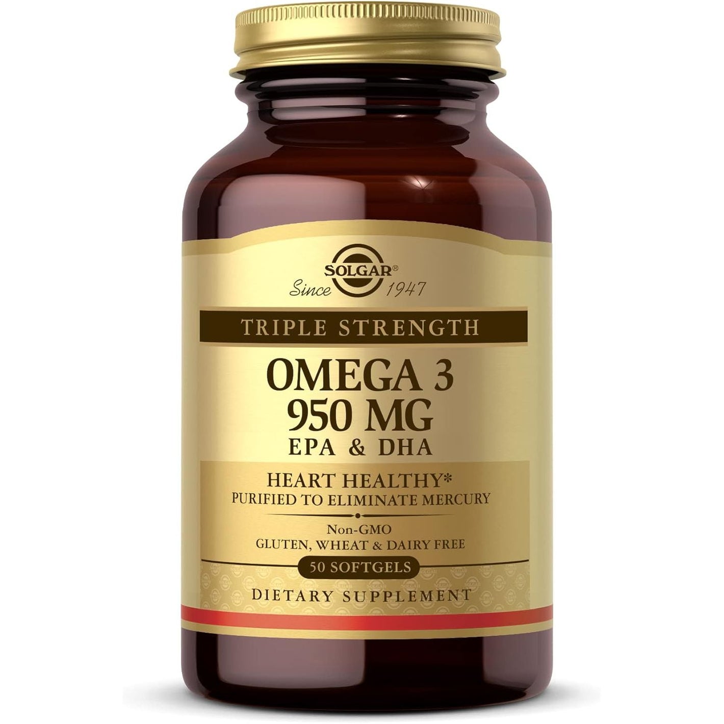 Solgar Triple Strength Omega 3 950 mg - 50 Softgels - Supports Joint & Skin Health - Non-GMO, Gluten Free, Dairy Free - 50 Servings