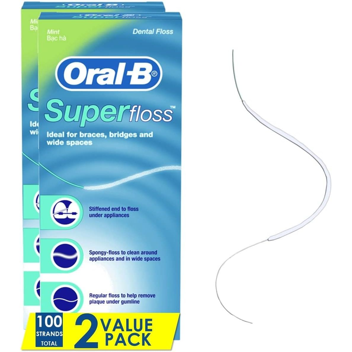 Oral-B Dental Floss for Braces, Super Floss Pre-Cut Strands, Mint, 50 Count, Pack of 2
