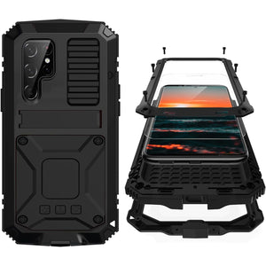 Samsung S22 Ultra Metal Case with Screen Protector Camera Protector Military Rugged Heavy Duty Shockproof Case with Stand Full Cover Tough case for Samsung S22 Ultra (S22 Ultra, Black)