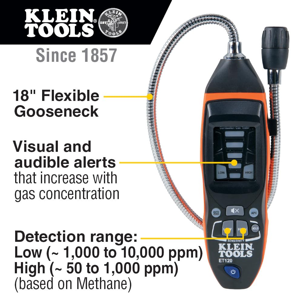 Buy now Klein Tools ET120 Gas Leak Detector, Combustible Gas Leak Tester with 18-Inch Gooseneck Has Range 50-10,000 ppm, Includes Pouch, Batteries at indiglob india