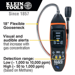 Buy now Klein Tools ET120 Gas Leak Detector, Combustible Gas Leak Tester with 18-Inch Gooseneck Has Range 50-10,000 ppm, Includes Pouch, Batteries at indiglob india