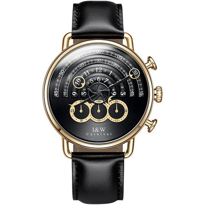 Luxury Men's Big Dial Chronograph Sapphire Glass Waterproof Quartz Black Leather Gold Watches