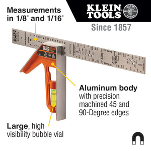 Buy now Klein Tools 935CSEL Combination Square Ruler for Electricians and Carpenters, Stainless Steel Double Sided Ruler, Bubble Level, Magnetic at indiglob india