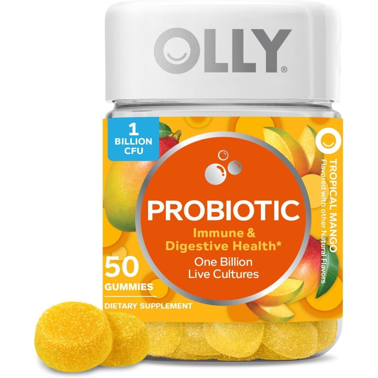OLLY Probiotic Gummy, Immune and Digestive Support, 1 Billion CFUs, Chewable Probiotic Supplement, Mango, 25 Day Supply - 50 Count