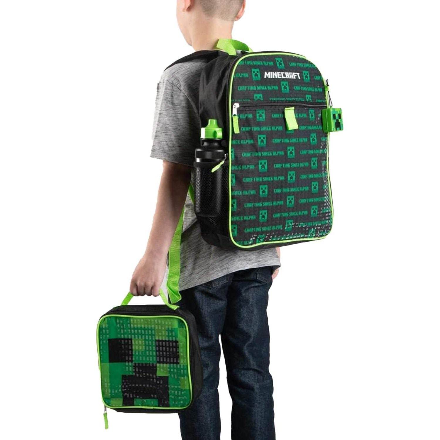 BIOWORLD Boys' Minecraft Creeper Youth 5 Piece Backpack Set, Green, One Size - My Store
