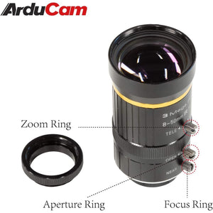 Arducam 8-50mm C-Mount Zoom Lens for IMX477 Raspberry Pi HQ Camera, with C-CS Adapter, Industrial Telescope Lens