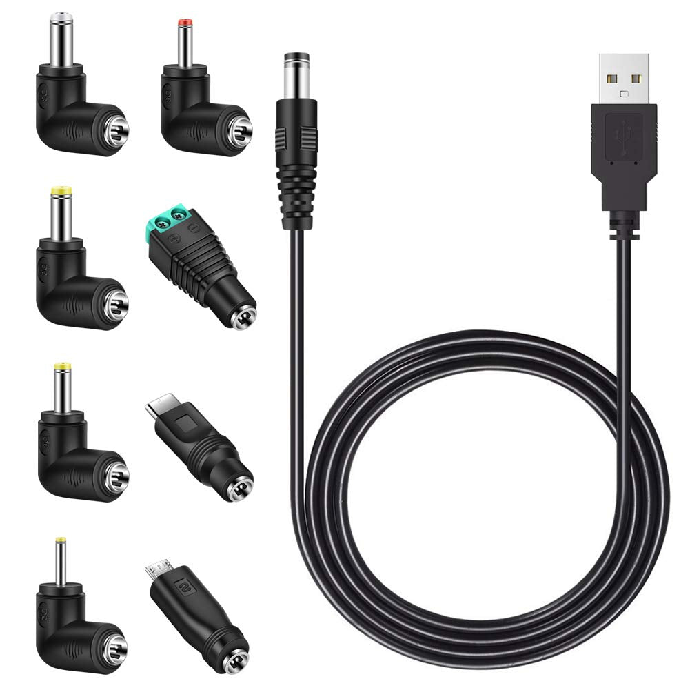 MEROM Universal 5V DC Power Cable, USB to DC 5.5x2.1mm Charging Cord Plug with 8 Connector Tips(5.5x2.5, 4.8x1.7, 4.0x1.7, 3.5x1.35, 2.5x0.7, Micro USB, Type-C)