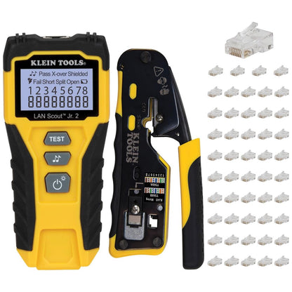 Buy now Klein Tools 80072 RJ45 Cable Tester Kit with LAN Scout Jr. 2, Coax Crimper / Stripper / Cutter Tool and 50-Pack Pass-Thru Modular Data Plugs at indiglob india