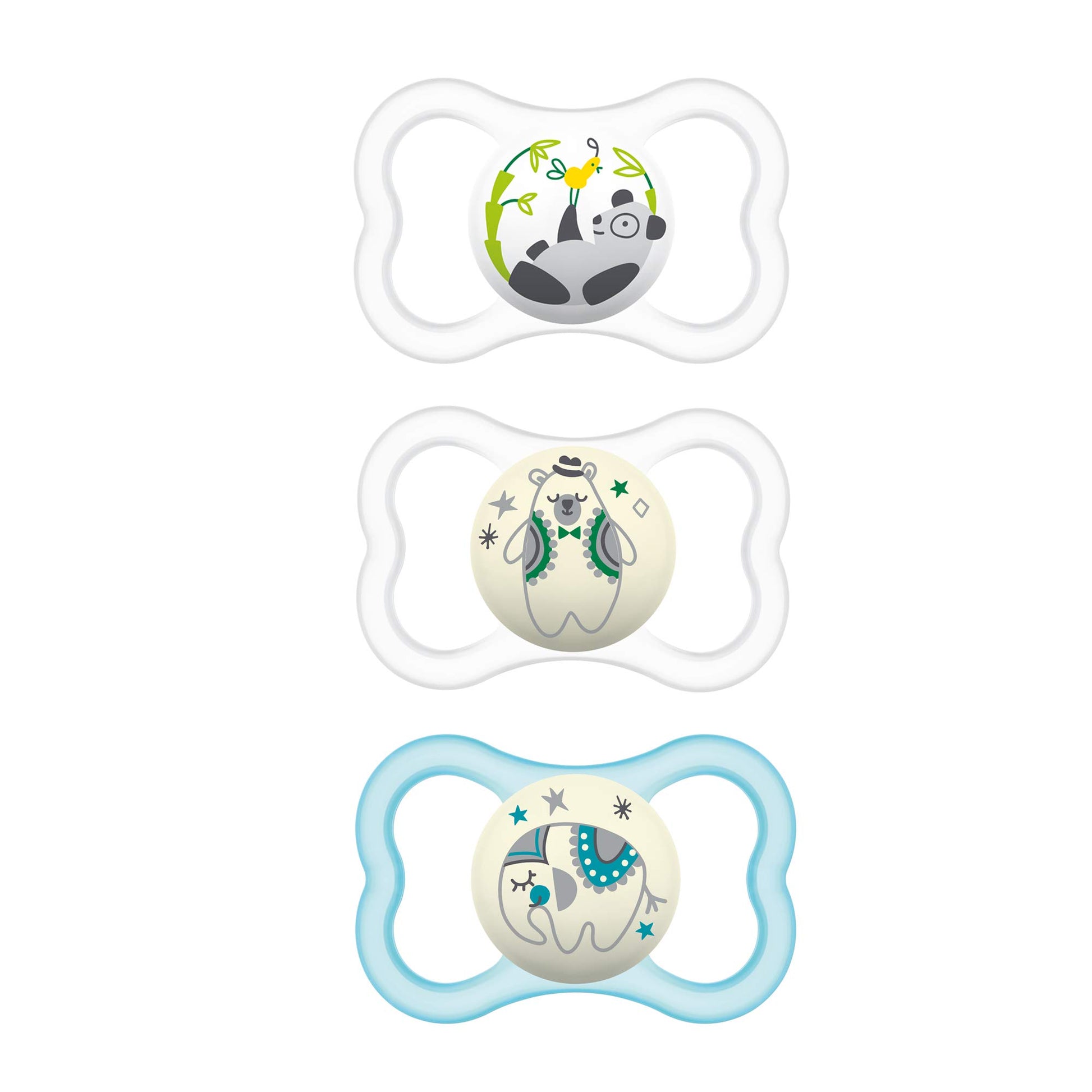 Buy now MAM Air Pacifier for Babies 6-16 Months, Extra Air Flow for Sensitive Skin, Glows in The Dark, Developed with Medical Experts, BPA-Free Skin Soft Silicone, 2 Count, with Sterilizer Case Cotton Sky 3 Count (Pack of 1) at indiglob india
