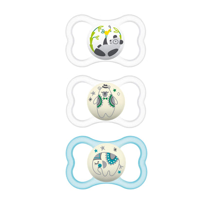 Buy now MAM Air Pacifier for Babies 6-16 Months, Extra Air Flow for Sensitive Skin, Glows in The Dark, Developed with Medical Experts, BPA-Free Skin Soft Silicone, 2 Count, with Sterilizer Case Cotton Sky 3 Count (Pack of 1) at indiglob india