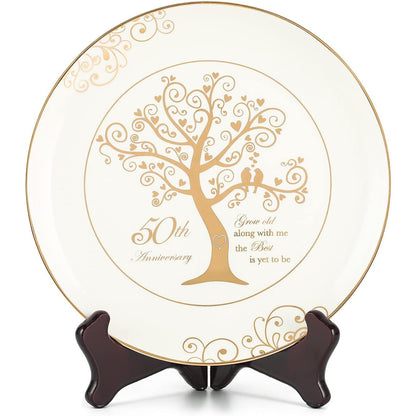 50th Anniversary Wedding Gifts for Couples Parents - 50 Year Marriage Plate with 24k Gold Foil, Golden Keepsake Gift, Ceramic 9 inch