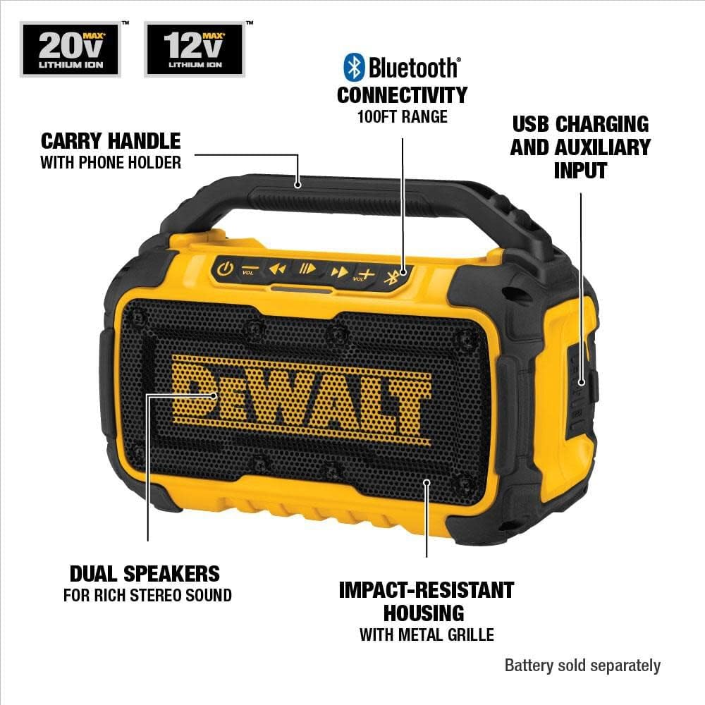 Buy now DEWALT 20V MAX Bluetooth Speaker, 100 ft Range, Durable for Jobsites, Phone Holder Included, Lasts 8-10 Hours with Single Charge (DCR010) at indiglob india