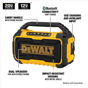 Buy now DEWALT 20V MAX Bluetooth Speaker, 100 ft Range, Durable for Jobsites, Phone Holder Included, Lasts 8-10 Hours with Single Charge (DCR010) at indiglob india