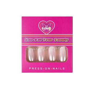 EchiQ Pearl Shine Glossy Fake Nails Shimmer White Square French Nail Ombre Faux Ongles Gradient Medium Fingernails with Gluetabs