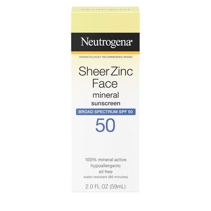 Neutrogena Sheer Zinc Oxide Dry-Touch Face Sunscreen with Broad Spectrum SPF 50, Oil-Free, Non-Comedogenic & Non-Greasy Mineral Sunscreen, 2 fl. oz