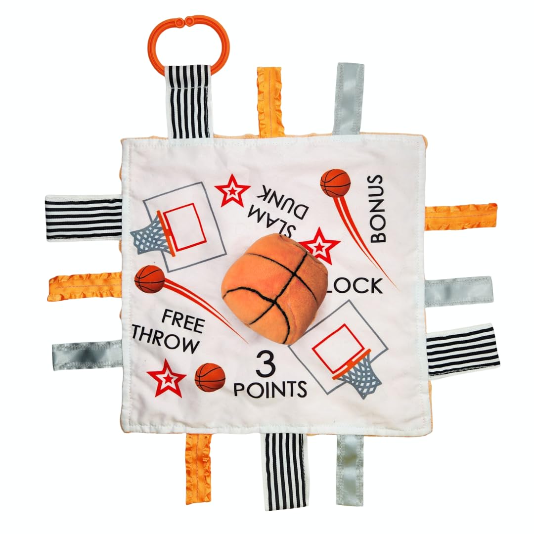 Buy now Baby Jack & Co 10x10” Basketball Sports Lovey Sensory Plush Blanket - Tag Toy for Developing Sense of Touch - Travel Stroller Toy w/BPA Free Clip - Learn Shapes, Letters & Colors - Sports Gift at indiglob india