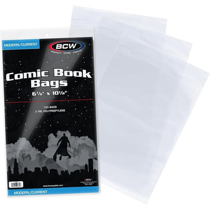 BCW Current/Modern Comic Bags - 100 ct | Acid-Free Modern Comic Bags for Current Issues | Exterior 6 7/8 x 10 1/2 inches | Crystal Clear Protection for Your Comic Collection
