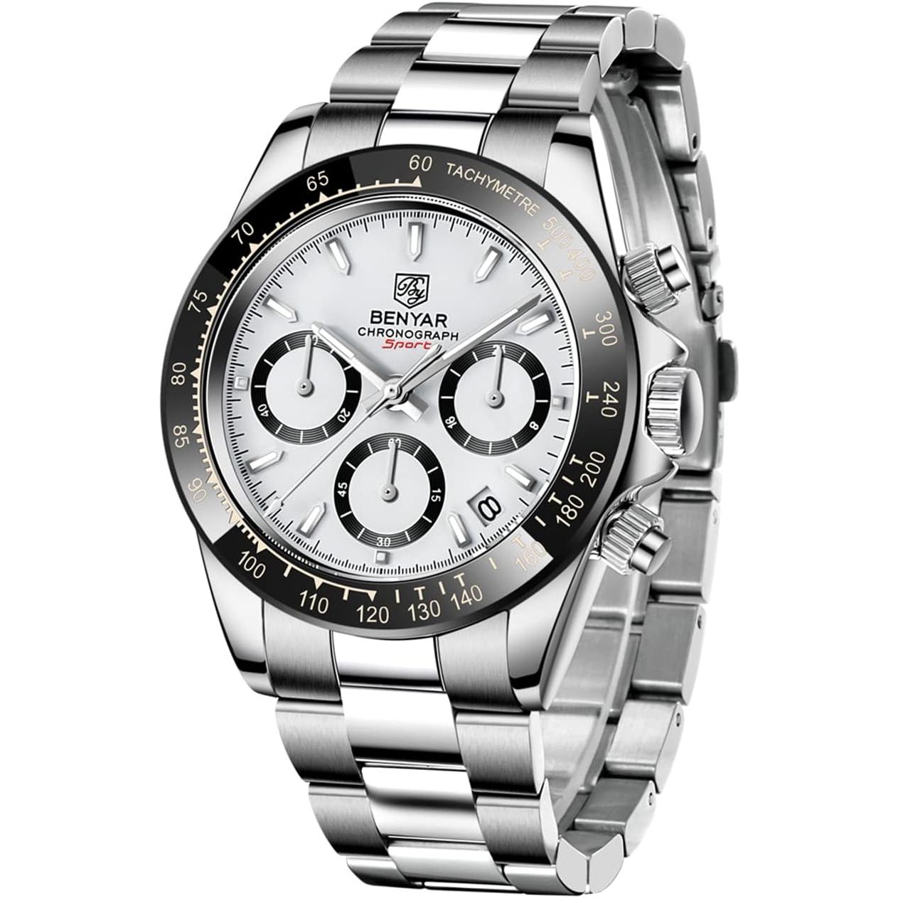 Men's Watch BENYAR Fashion Quartz Movement Wrist Watch Analog Chronograph Business Waterproof and Scratch Resistant Stainless Steel Strap Leisure Sports Watches for Men