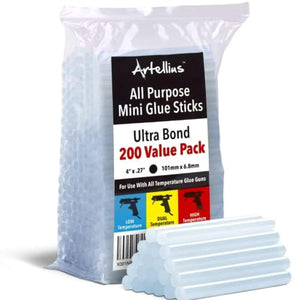 Artellius Mini Hot Glue Sticks - 4 in x 0.27 in, Pack of 200 - Universal Fit Glue Gun Sticks for Scrapbooking & Stamping Supplies - Fast-Melting Strong Bond with Adhesive Rods on Wood & Fabric