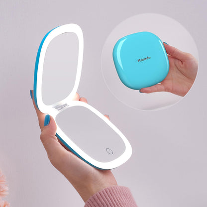 Mocado Compact LED Magnifying Travel Makeup-Mirror - 4 inches 1X/10X Magnification Small Hand Pocket Dimmable Double Sided USB Rechargeable Touch Screen, Portable Tabletop Cosmetic (Rose Gold)