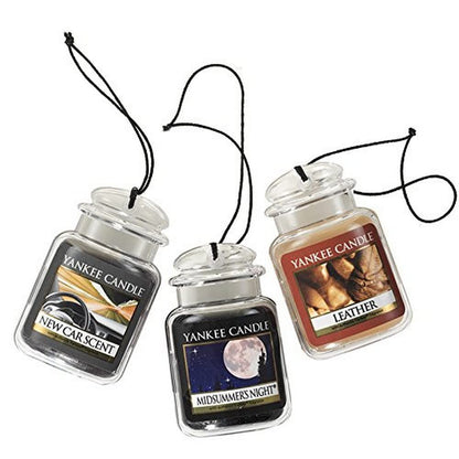 Buy now Yankee Candle Hanging Car Jar Ultimate 3-Pack Air Fresheners Neutralizes Odors Up to 30 Days Includes: Beach Walk Pink Sands and Sun and Sand (Pack of 3) Leather, MidSummer's Night, New Car 3-Pack at indiglob india