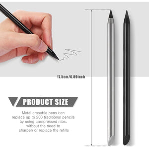 Outus 2 Pieces Metal Inkless Pen Inkless Erasable Pencil Metallic Pencil Aluminum Pen for Writing, Drawing, Drafting, Home Office School Supplies (Black and Silver)