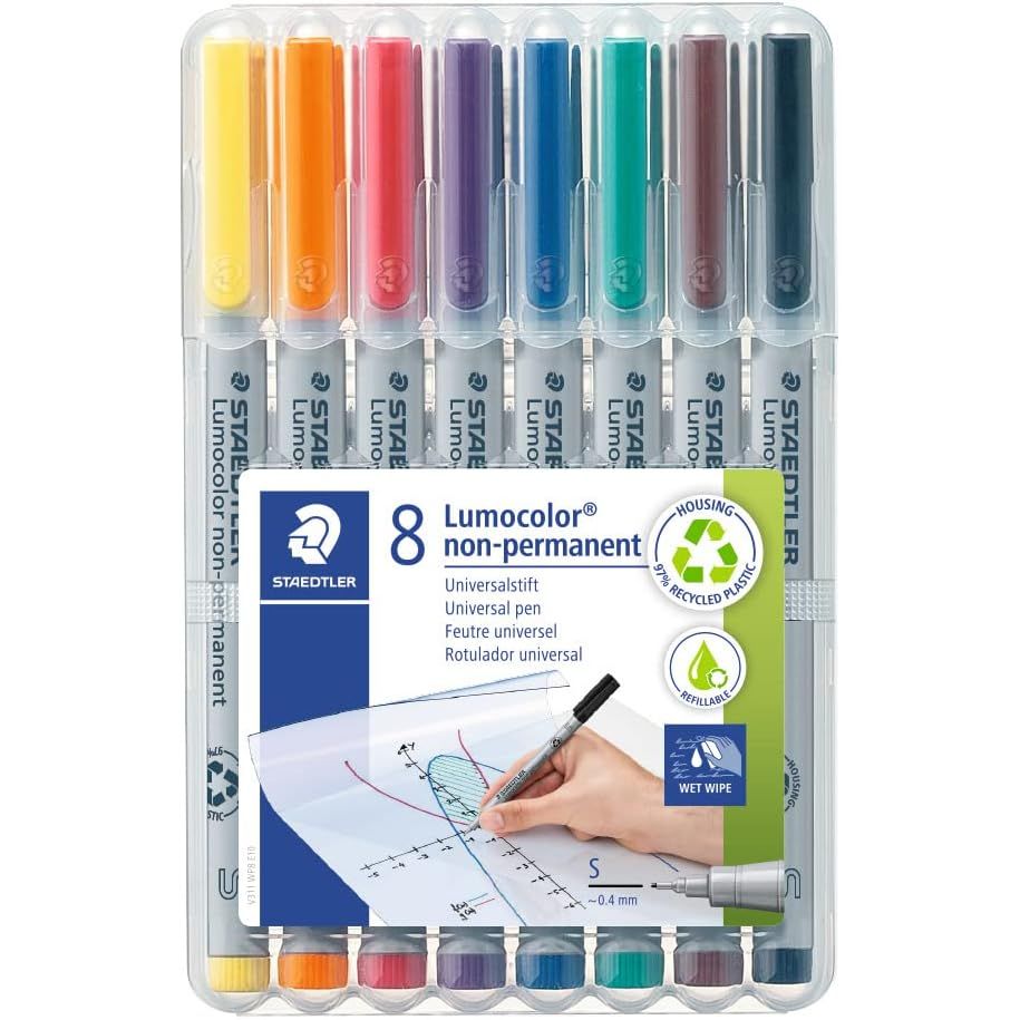 Staetdler Lumograph Non-Permanent Wet Erase Marker Pen, Low Odor Colored Markers, 8 Pack Assorted Colors, 311-WP8