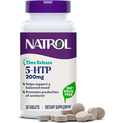 Natrol 5-HTP 200 mg, Time Release, Support a Balanced Mood, Dietary Supplement Provides Serotonin Production Throughout The Day, 30 Tablets, Up to a 30 Day Supply